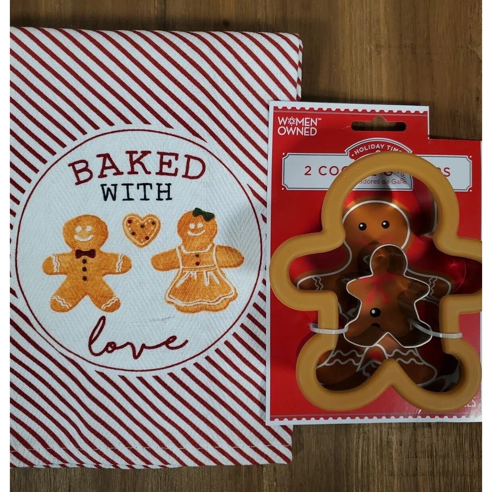 Kitchen Gift Set GINGERBREAD Man Cookie Cutters Christmas Baked with Love Towel